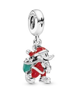 Mickey Santa silver dangle with red. green enamel and clear cubic zirconia