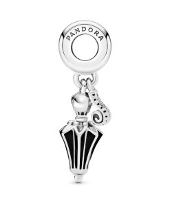 Mary Poppins umbrella silver dangle with black enamel and clear cubic zirconia