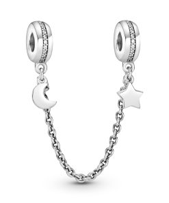 Moon and star silver safety chain with clear cubic zirconia