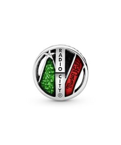New York Radio City Hall silver charm with red and green enamel and clear cubic zirconia