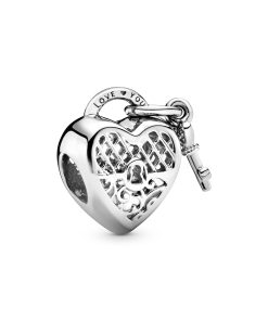 Heart padlock and key silver charm