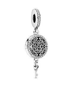 Regal pattern key openable silver dangle with clear cubic zirconia