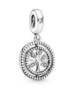 Spinning family tree silver dangle with clear cubic zirconia and white enamel