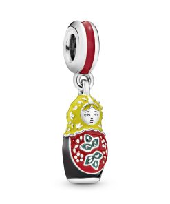 Matryoshka silver dangle with red. black. yellow and green enamel