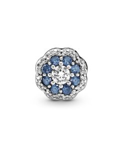 Flower silver charm with moonlight blue crystal and clear cubic zirconia