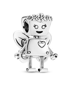 Robot girl with flowers and wings silver charm
