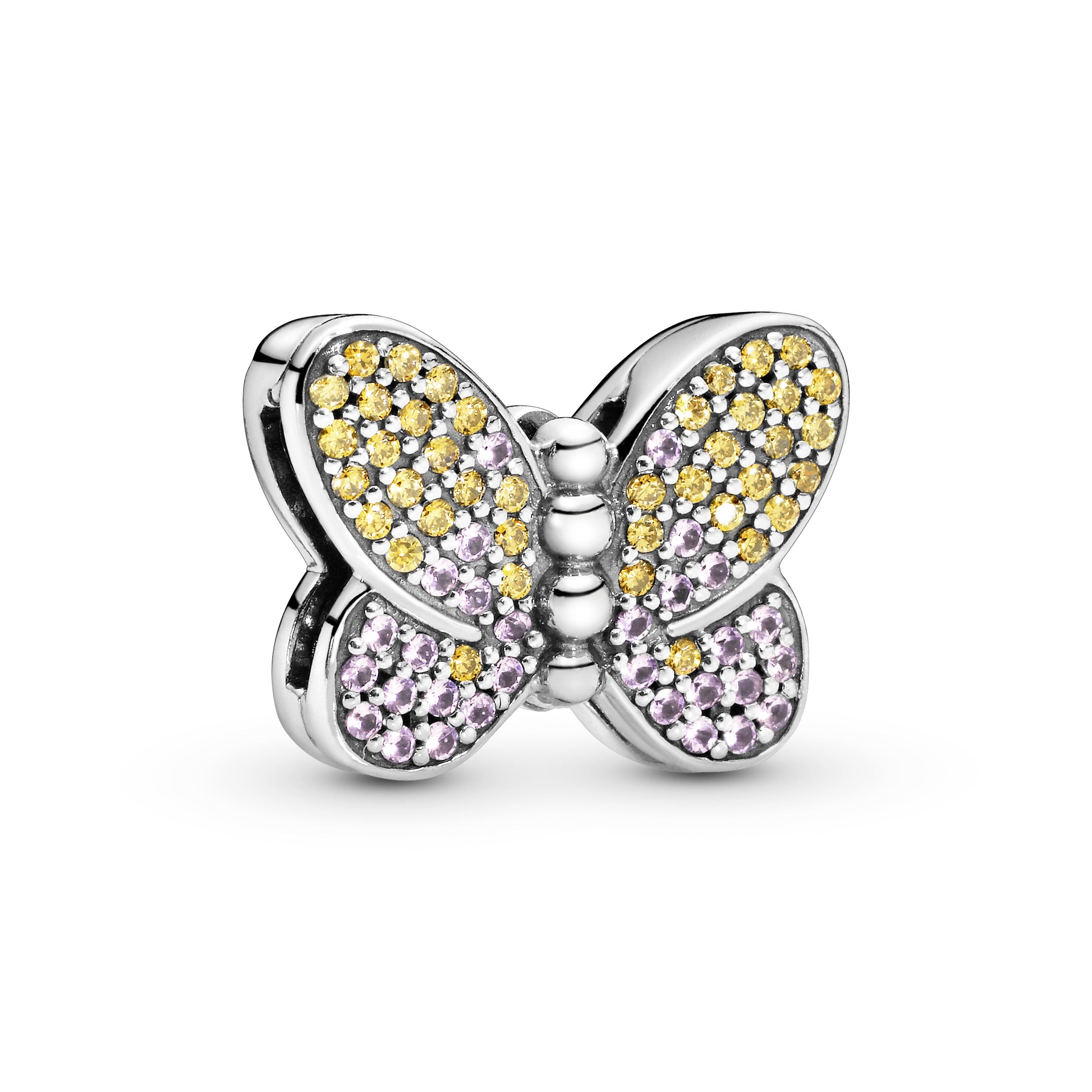 Reflexions butterfly silver clip charm with honey cubic zirconia and rose pink crystal