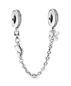 Butterfly silver safety chain with clear cubic zirconia