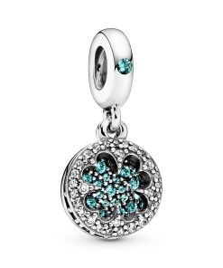 Clover silver dangle with royal green. aqua green crystal and clear cubic zirconia
