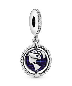 Globe silver dangle with clear cubic zirconia and blue enamel