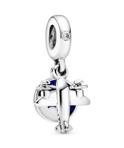 Airplane silver dangle with clear cubic zirconia. blue and white enamel