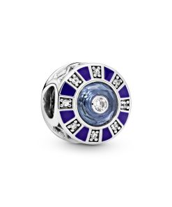 Silver charm with clear cubic zirconia. moonlight blue crystal and blue enamel