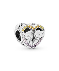 Simba and Nala silver heart charm with rose pink crystal. orange and honey CZ and synthetic pink sapphire