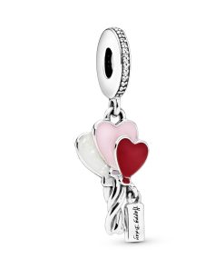 Balloons silver dangle with clear cubic zirconia. shimmering silver. pink and red enamel