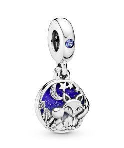 Fox and rabbit sterling silver dangle with moonlight blue crystal. clear cubic zirconia. white. blue and silvery glitter enamel
