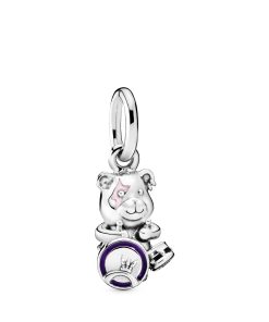 Punk teddy bear sterling silver dangle with clear cubic zirconia and black. purple and pink enamel