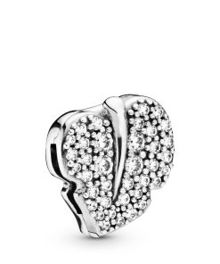 Leaf sterling silver clip charm with clear cubic zirconia