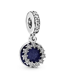 Sterling silver dangle with clear cubic zirconia and shimmering blue enamel