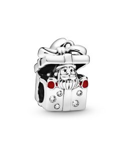 Christmas gift box sterling silver charm with clear cubic zirconia and red enamel