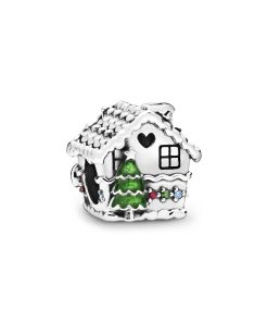 Ginger bread house sterling silver charm with red. dark green and blue cubic zirconia. red. white and green enamel