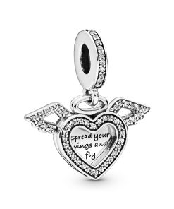 Heart and wings sterling silver dangle with clear cubic zirconia