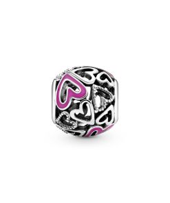 Hearts sterling silver charm with pink enamel