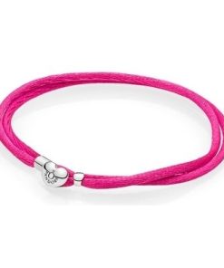 Silver double fabric cord bracelet. pink