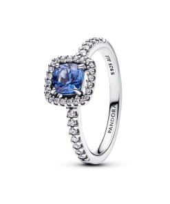 Sparkling Square Blue Halo Ring