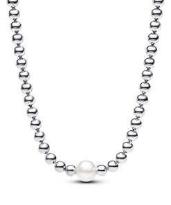 Sterling silver collier with white treated freshwater cultured pearl and cubic zirconia