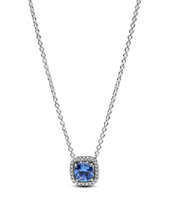 Sparkling Square Blue Halo Pendant Necklace