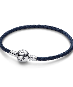 Moments Round Clasp Blue Braided Leather Bracelet