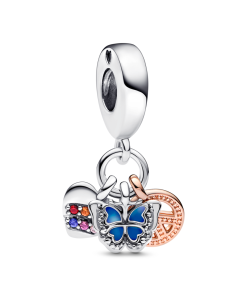 Two-tone Rainbow Heart. Butterfly & Peace Triple Dangle Charm