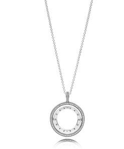 logo spinning silver pendant with clear cubic zirconia and chain
