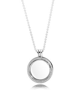 floating locket silver pendant with clear cubic zirconia and necklace