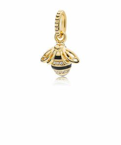 Bee 14k Gold Plated  pendant with black enamel and clear cubic zirconia