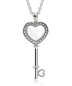 Floating locket heart key silver pendant with clear cubic zirconia and necklace